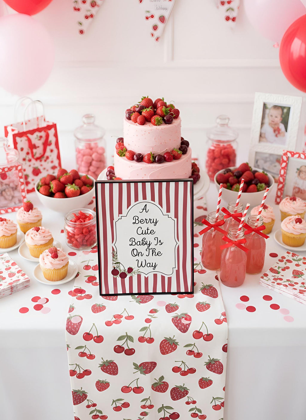 A styled baby shower or bachelorette party dessert table decorated with strawberries, pink and red balloons, cherry-patterned table runners, cupcakes, jars of candy, and a central sign that reads, 'A Berry Cute Baby Is On The Way.'.