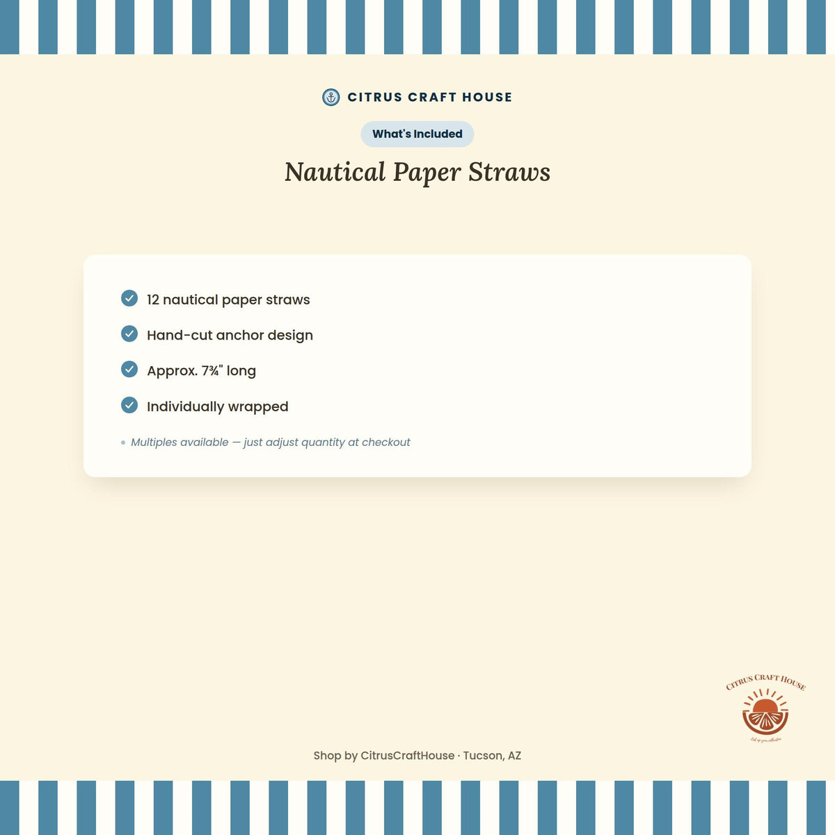Nautical Paper Straws, Set of 12 – Eco-Friendly Paper Straws for Baby Shower, Bridal Shower & Nautical Party