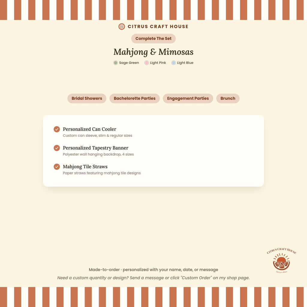 Personalized Mahjong and Mimosas Tapestry Banner Polyester Backdrop in Sage Green, Light Pink or Light Blue, 4 Sizes