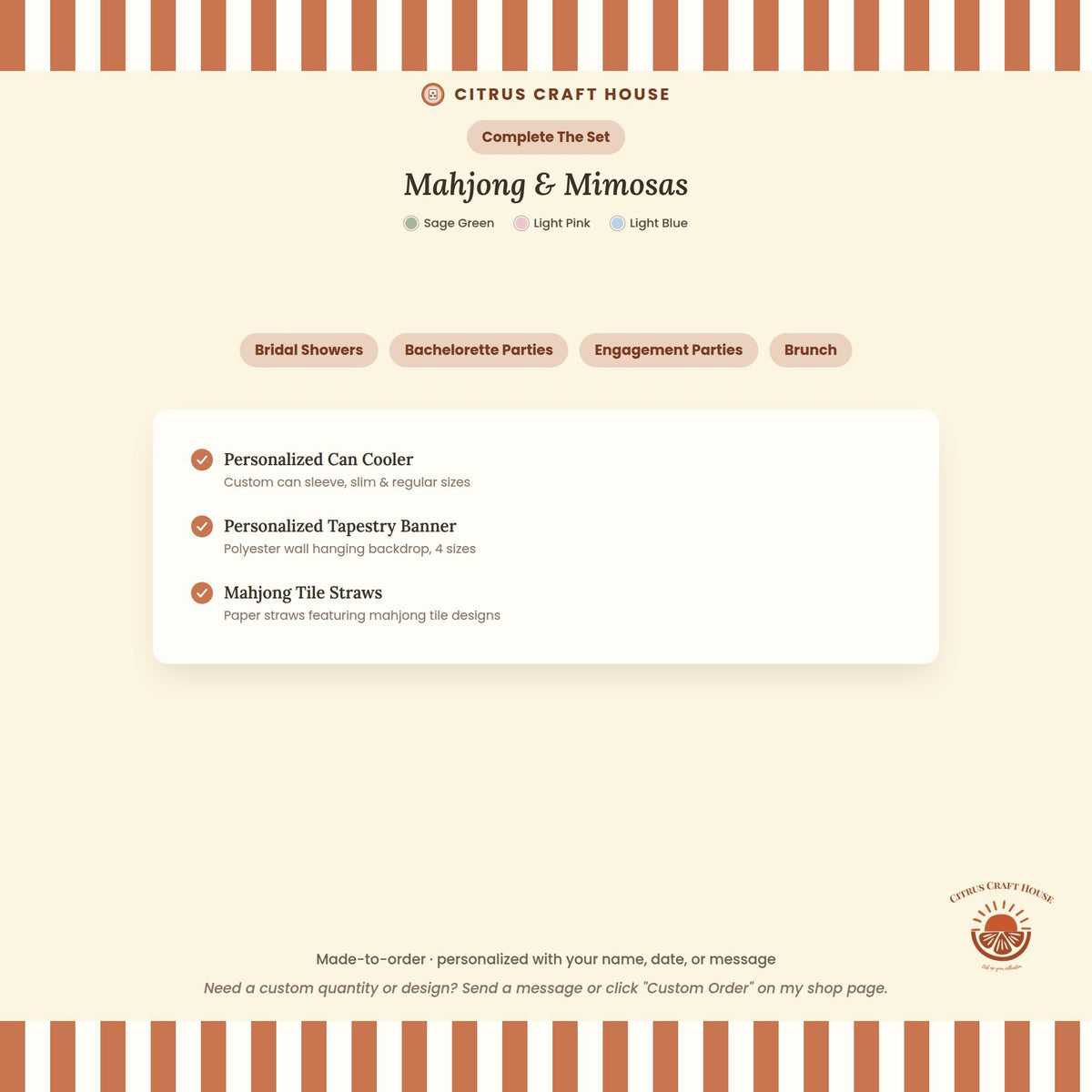 Personalized Mahjong and Mimosas Tapestry Banner Polyester Backdrop in Sage Green, Light Pink or Light Blue, 4 Sizes