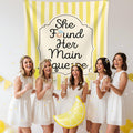 She found her main squeeze, yellow, and white striped tapestry banner personalized