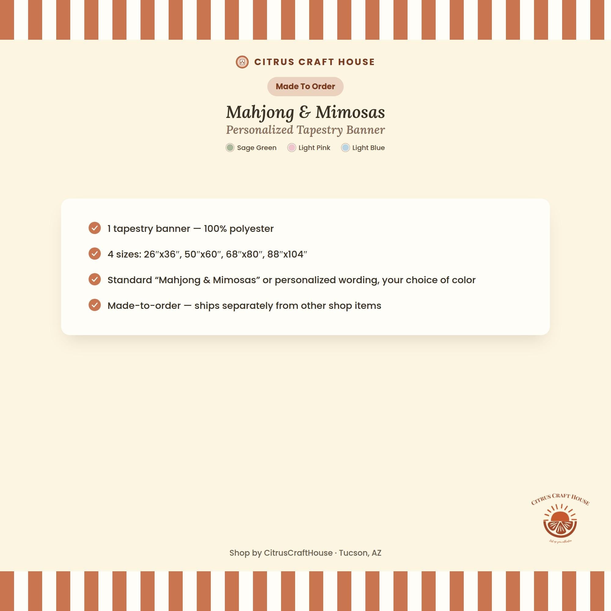Personalized Mahjong and Mimosas Tapestry Banner Polyester Backdrop in Sage Green, Light Pink or Light Blue, 4 Sizes
