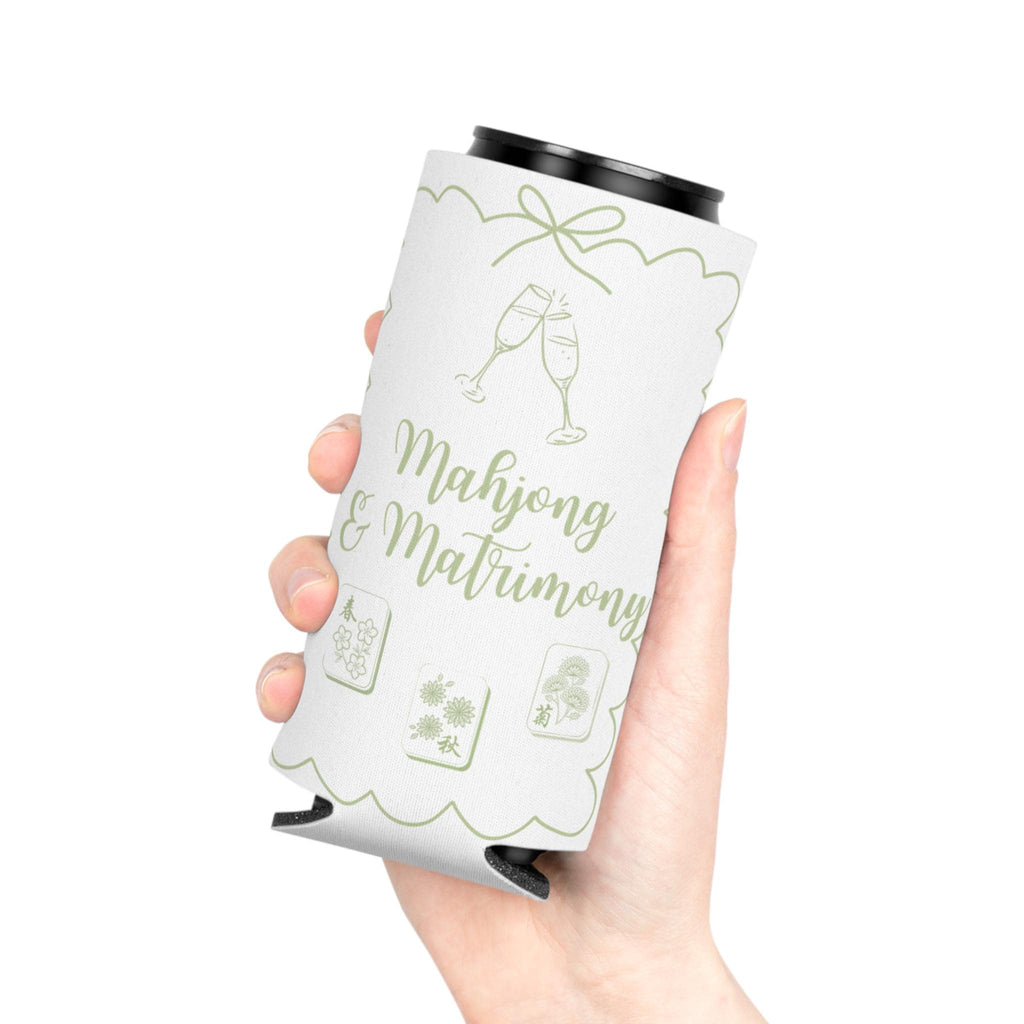 Personalized Mahjong and Matrimony Can Cooler Custom Can Sleeve in Sage Green, Light Pink or Light Blue