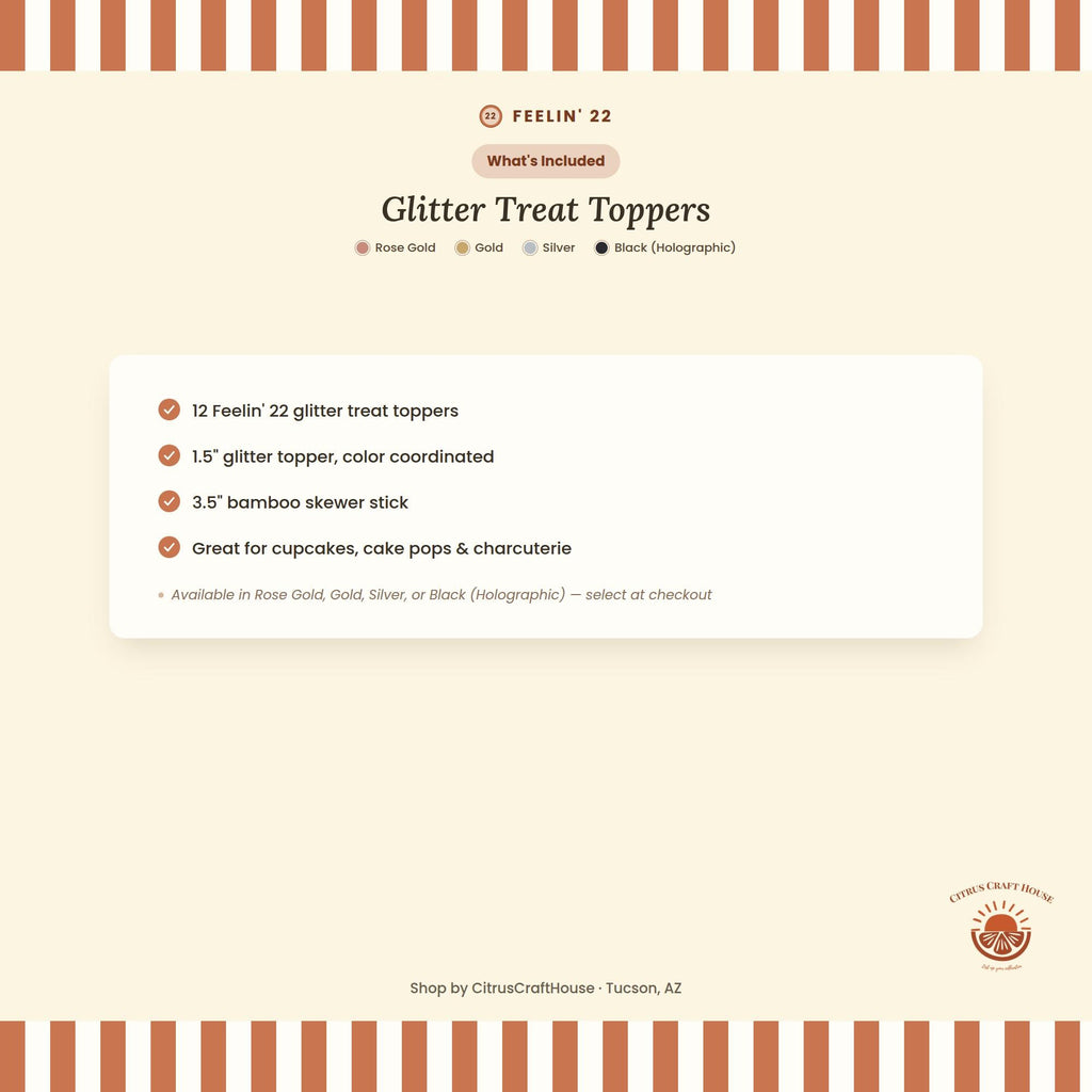 Feeling 22 Glitter Treat Toppers, Set of 12 – Rose Gold, Gold, Silver, Black Glitter Cupcake Charcuterie Picks with Bamboo Skewers