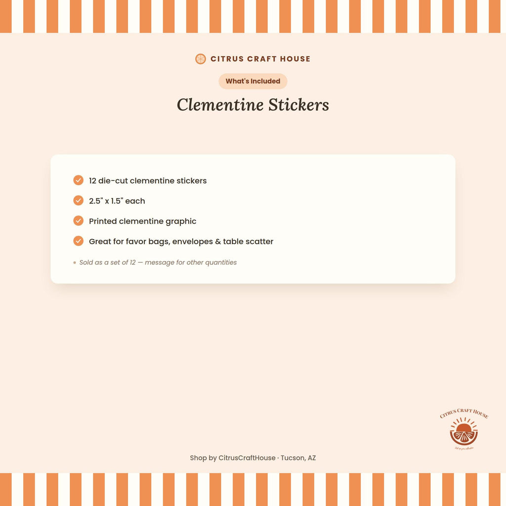Clementine Stickers, Set of 12 – Die-Cut Orange Print Stickers for Favor Bags, Party Favors & Table Scatter