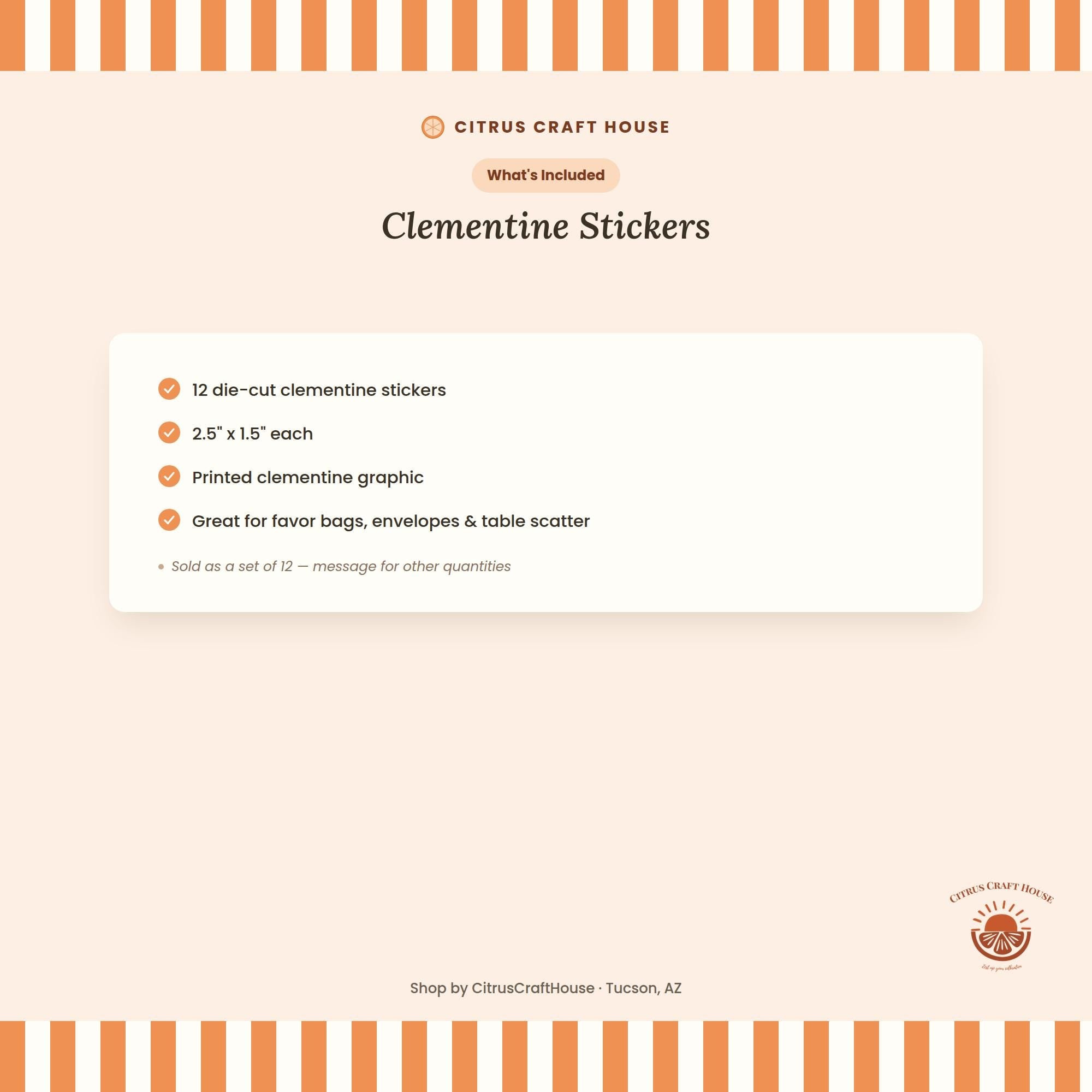 Clementine Stickers, Set of 12 – Die-Cut Orange Print Stickers for Favor Bags, Party Favors & Table Scatter