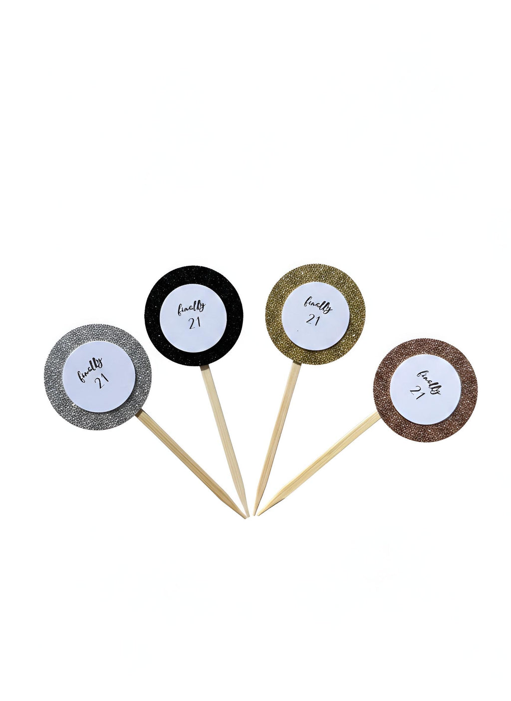 Finally 21 Glitter Treat Toppers, Set of 12 – Rose Gold, Gold, Silver, Black Glitter Cupcake Charcuterie Picks with Bamboo Skewers