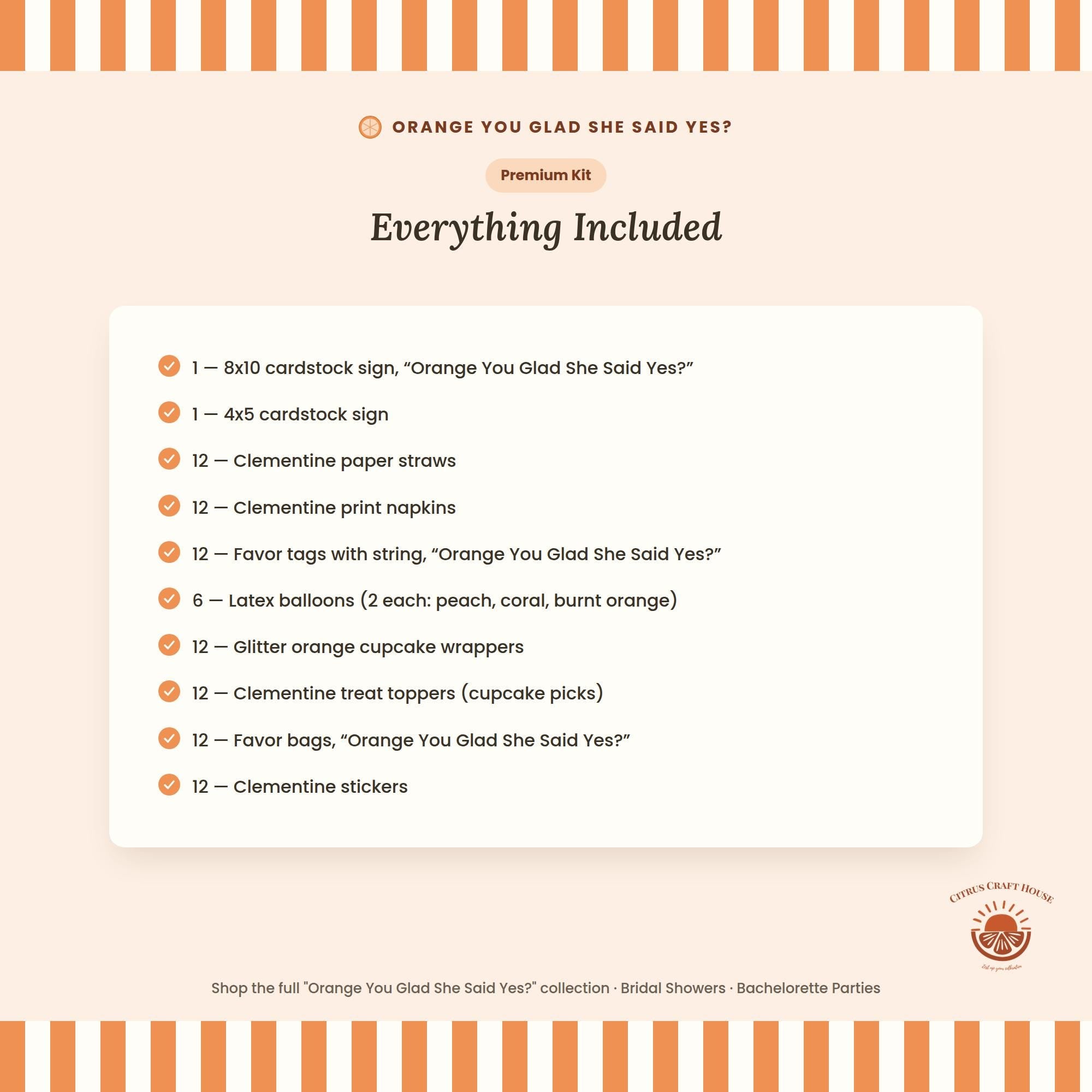 Orange You Glad She Said Yes? Bridal Shower Decor Kit | Clementine Engagement and Bachelorette Party Set | Signs, Favor Bags & More
