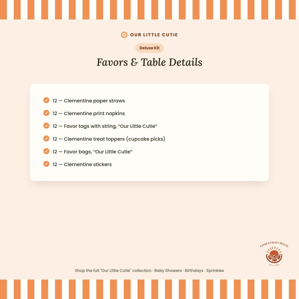 Our Little Cutie Baby Shower Decor Kit | Clementine Orange Baby Sprinkle Party Set | Signs, Balloons, Favor Bags & More