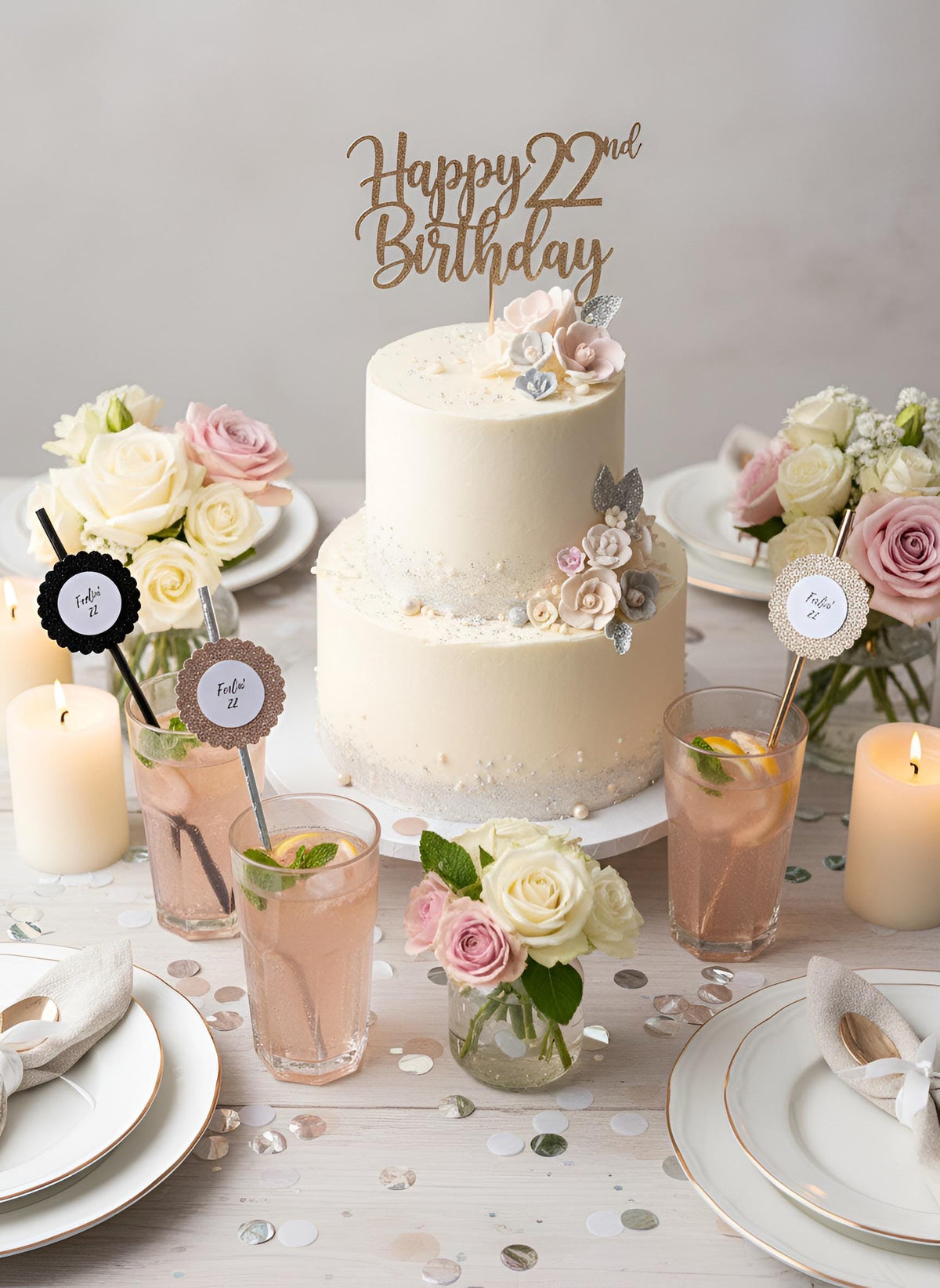 Feeling 22 Glitter Paper Straws, Set of 12 – Color Coordinated Rose Gold, Gold, Silver or Black Glitter