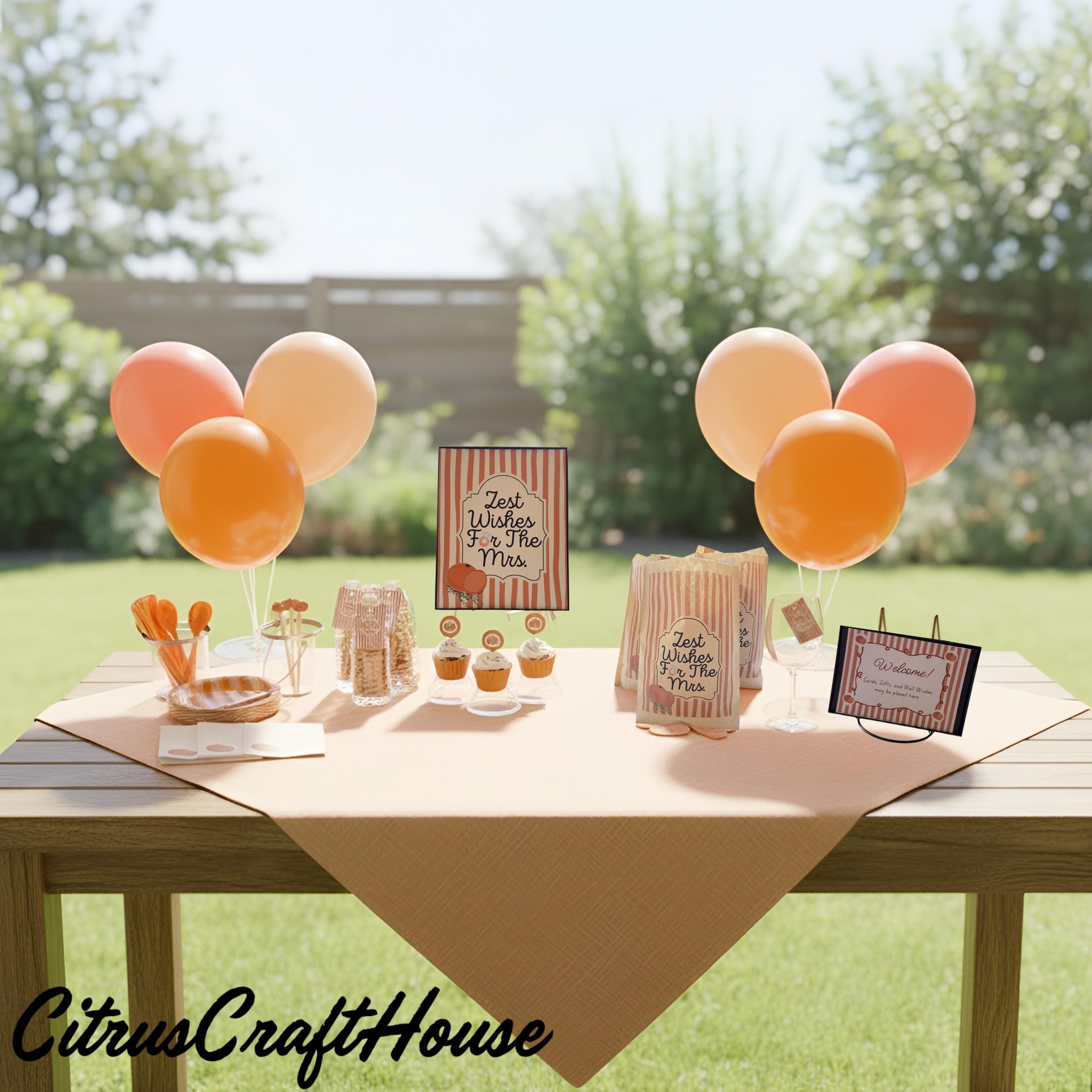 Zest wishes for the Mrs. party decor, kit with signs, paper tags, favor, bags, balloons, straws, napkins