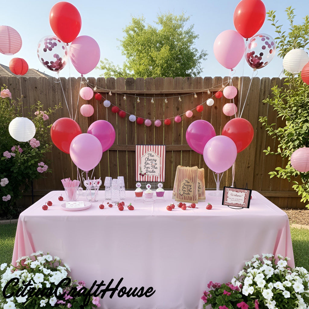 The Cherry On Top For The Bride Bridal Shower Decor Kit | Cherry & Strawberry Bachelorette Party Set | Signs, Balloons, Favor Bags and More