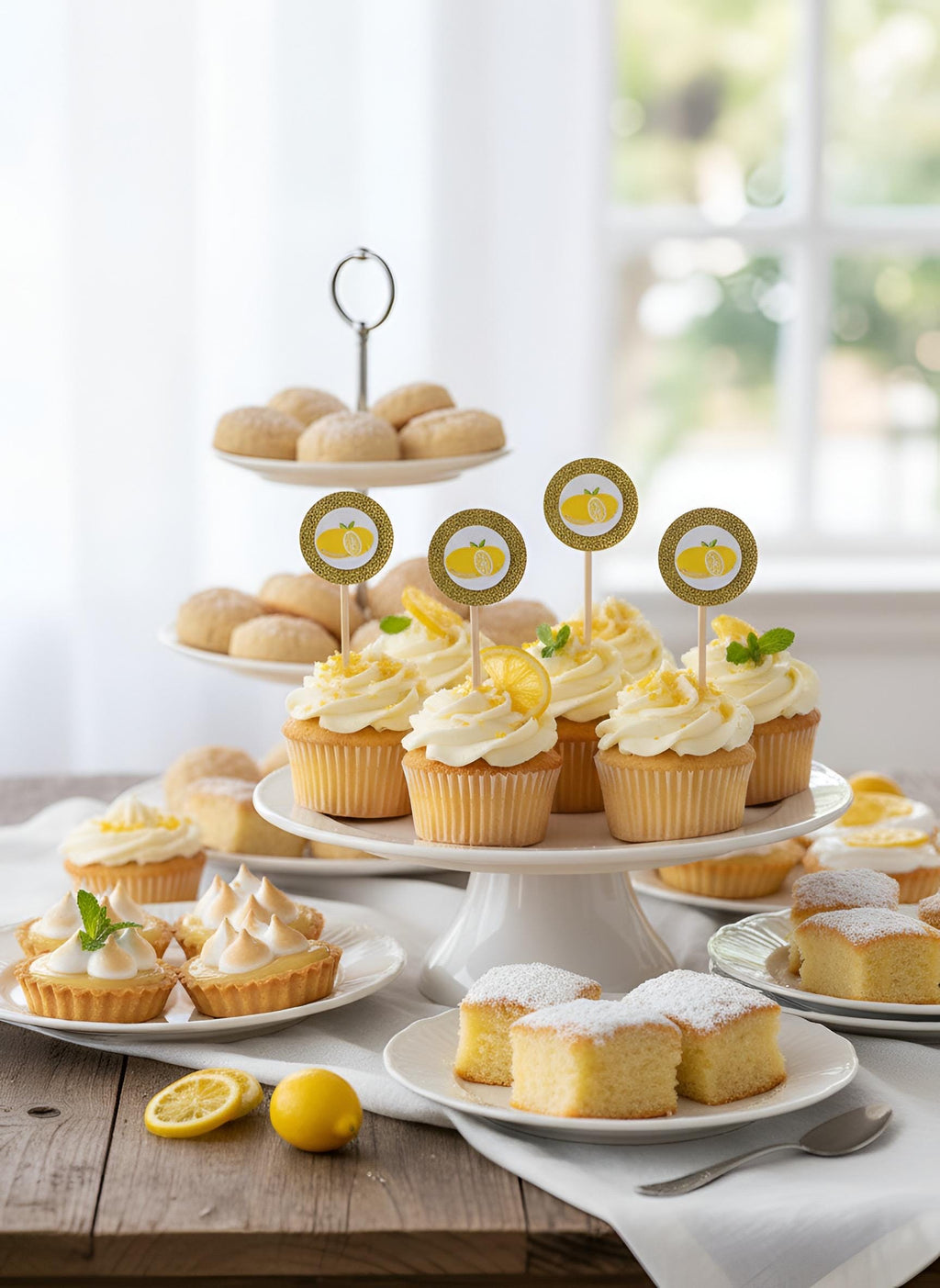 Lemon cupcake and charcuterie picks styled on a dessert table