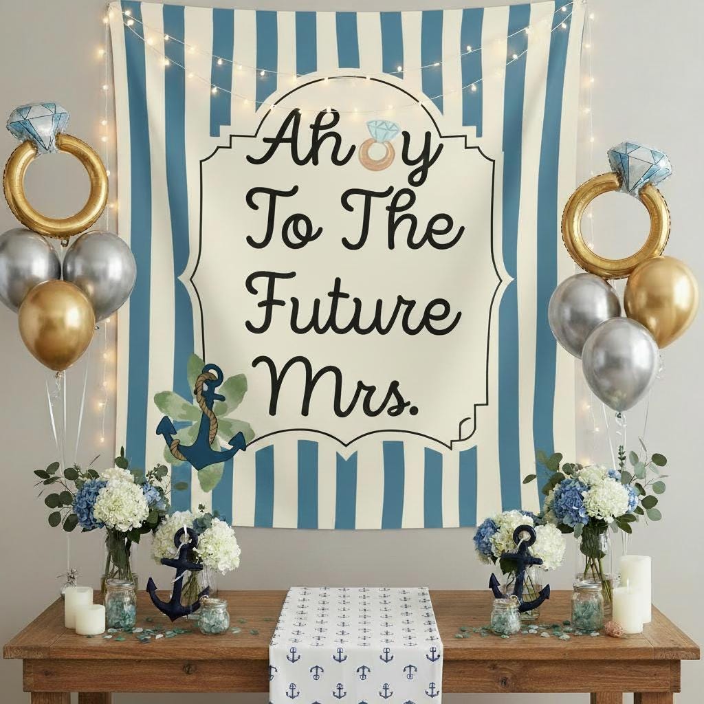 Nautical-themed 'Ahoy To The Future Mrs.' party backdrop setup with a blue and white striped tapestry, gold and silver balloons, floral arrangements, candles, and anchor decorations on a wooden table.