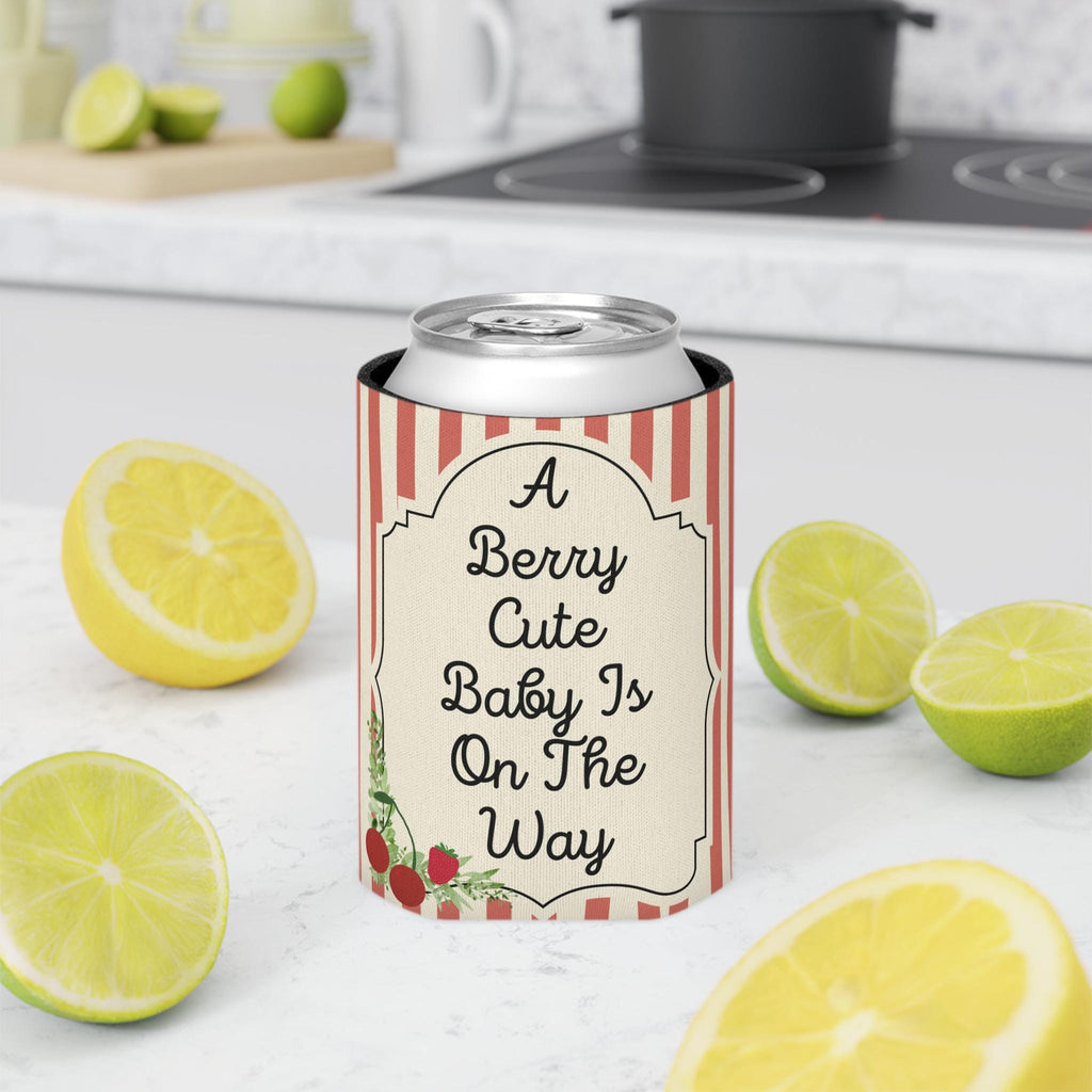Personalized "A Berry Cute Baby Is On The Way" Can Cooler Custom Baby Shower Can Sleeve, Slim and Regular Can Sizes