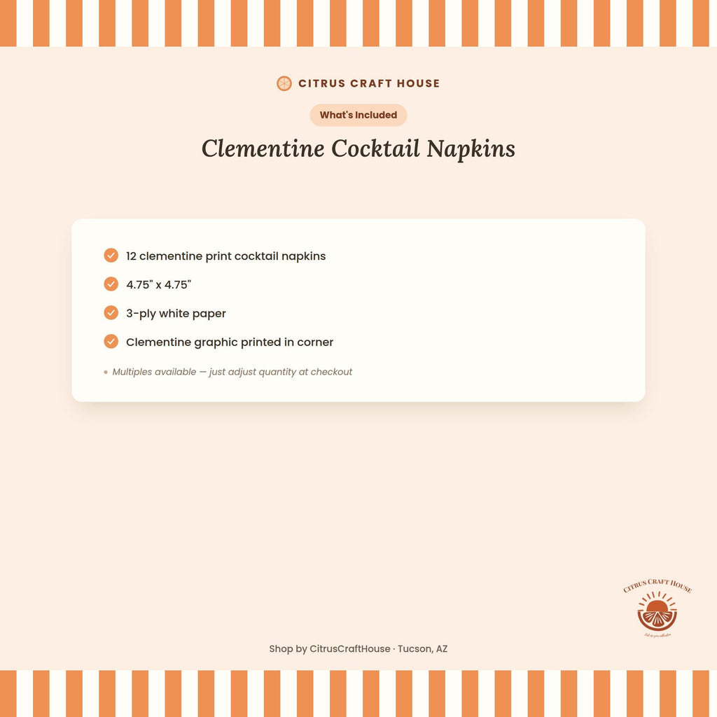 Clementine Cocktail Napkins, Set of 12 – White Paper Napkins with Orange Print for Baby Shower & Party