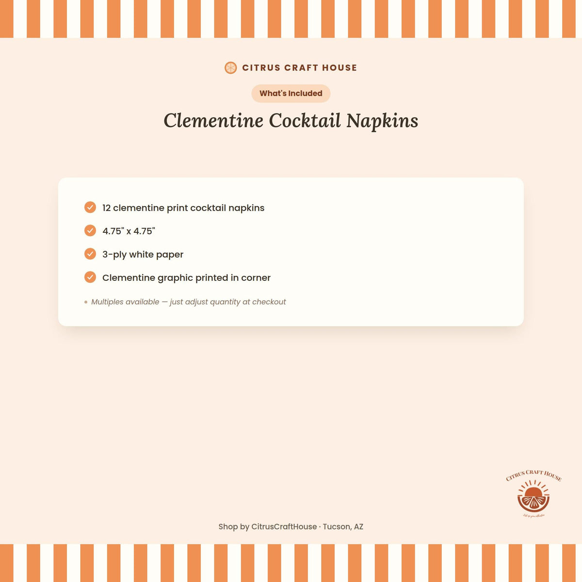 Clementine Cocktail Napkins, Set of 12 – White Paper Napkins with Orange Print for Baby Shower & Party