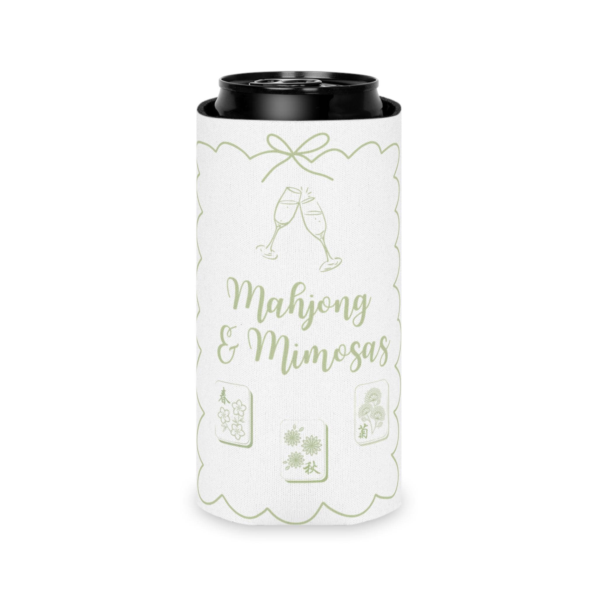 Personalized Mahjong and Mimosas Can Cooler Custom Can Sleeve in Sage Green, Light Pink or Light Blue