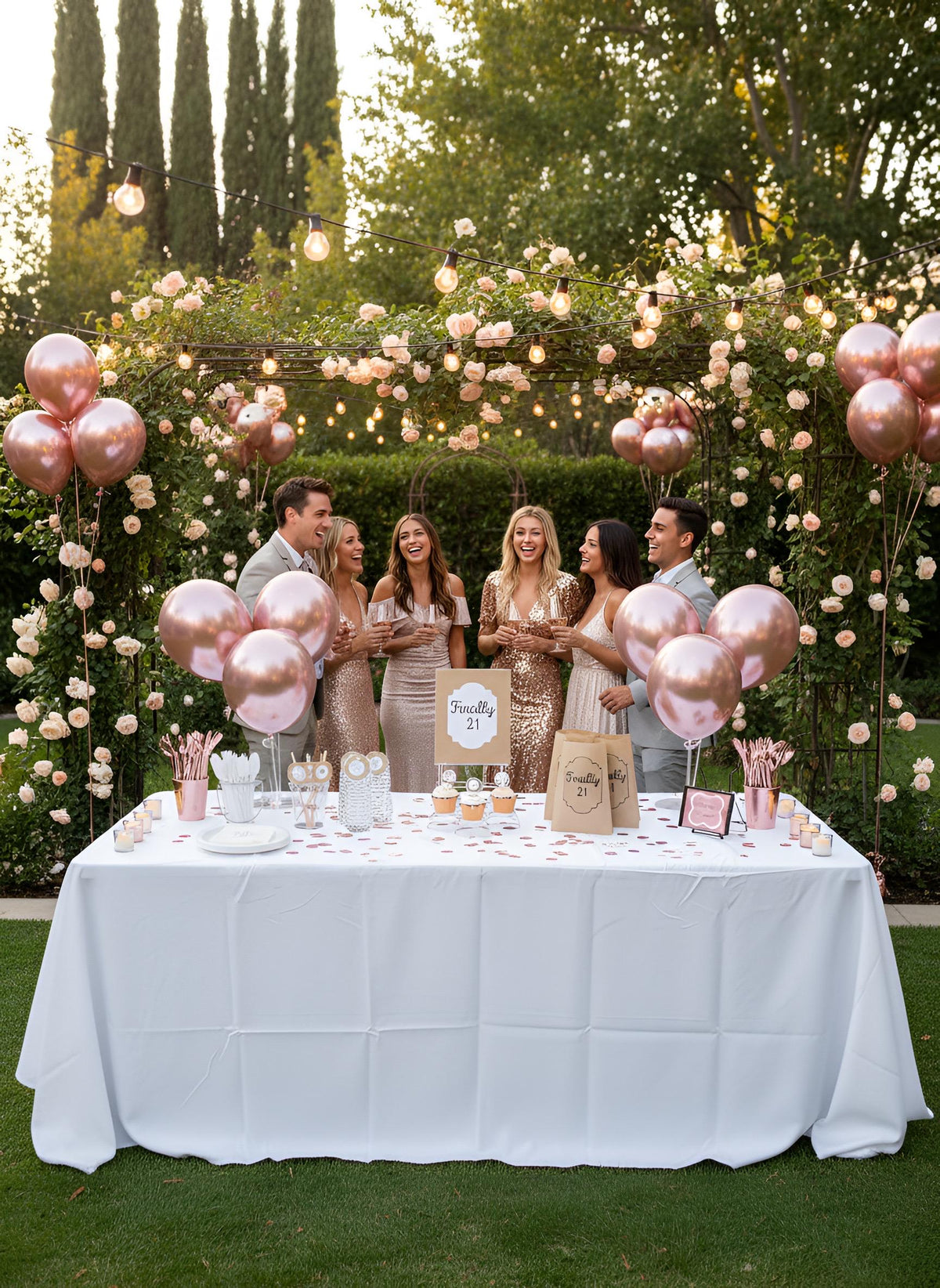 Rose gold, gold, silver, black, glitter, and metallic accent finally 21 party decor kit with signs, favor, bags, favor, tags, straws, napkins, balloons