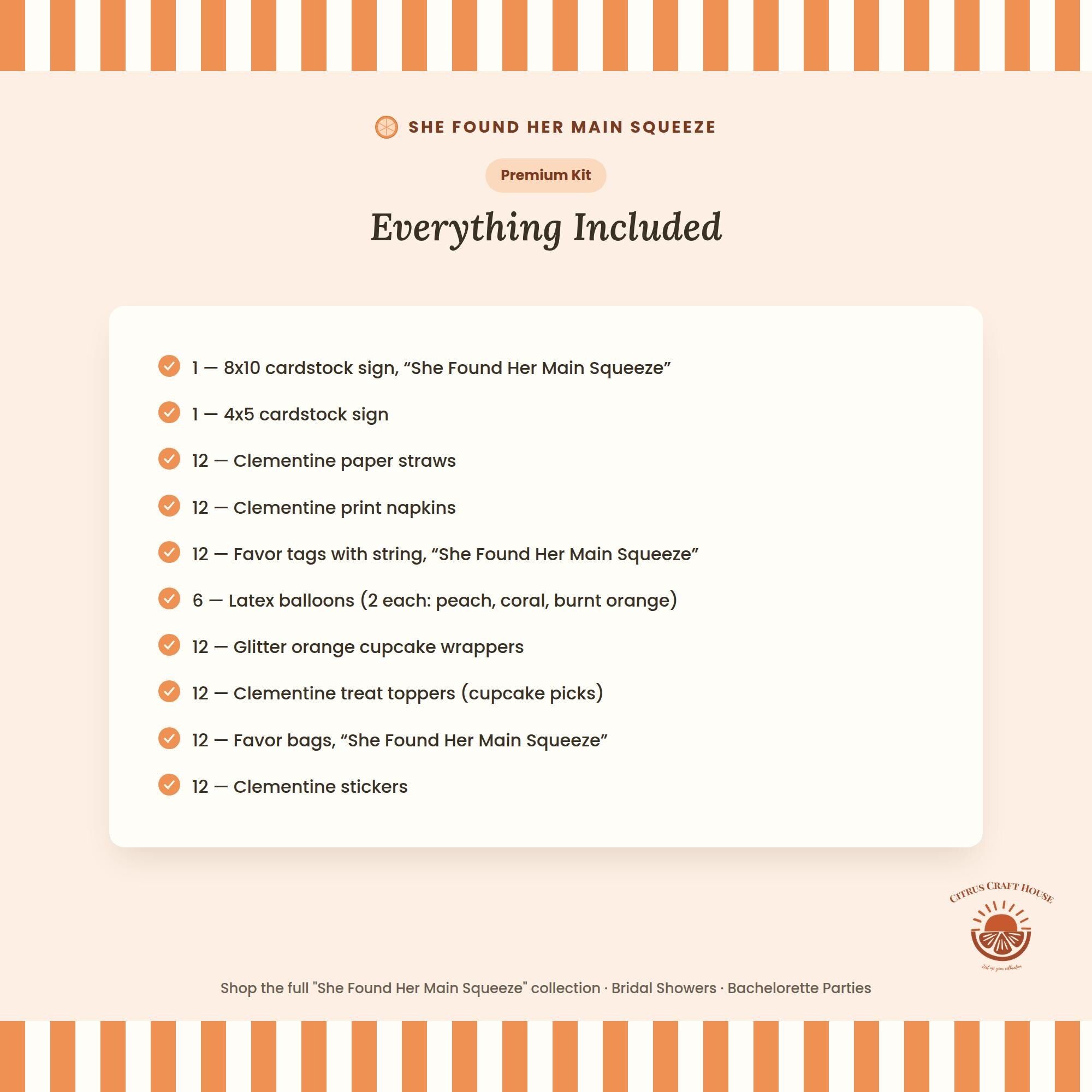 She Found Her Main Squeeze Bridal Shower Decor Kit | Clementine Orange Bachelorette Party Set | Signs, Balloons, Favor Bags & More
