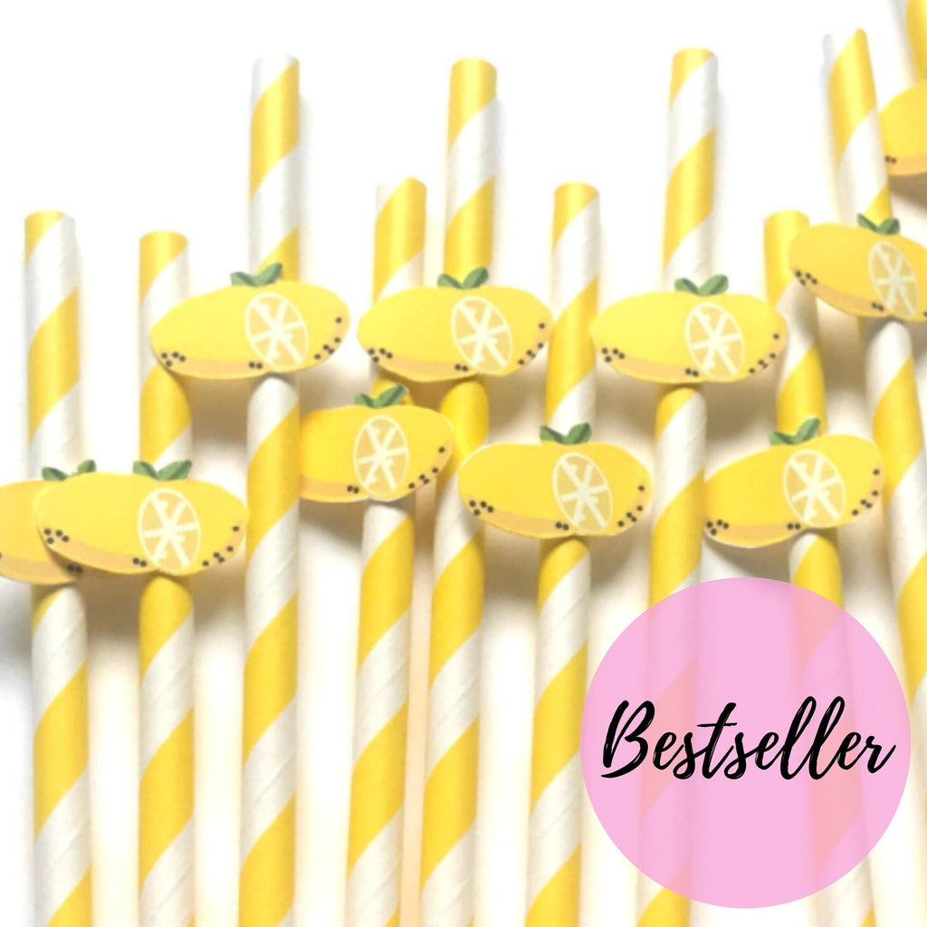 Lemon Paper Straws, Set of 12 – Eco-Friendly Paper Straws for Lemonade Stand, Baby Shower & Bridal Shower