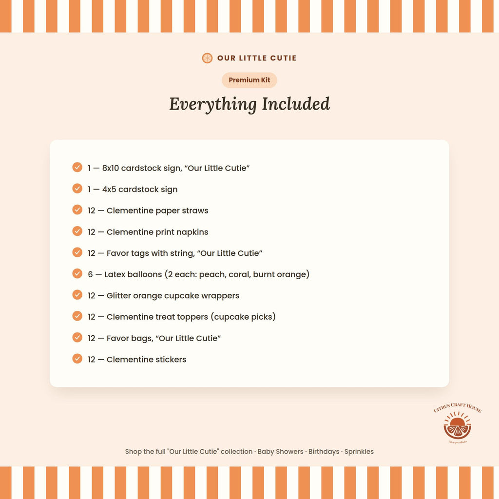 Our Little Cutie Baby Shower Decor Kit | Clementine Orange Baby Sprinkle Party Set | Signs, Balloons, Favor Bags & More