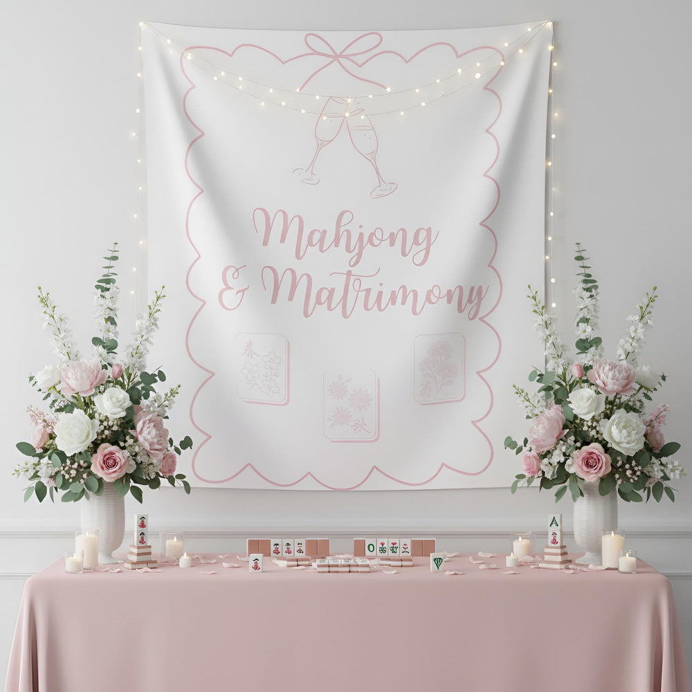 Personalized Mahjong and Matrimony Tapestry Banner Polyester Backdrop in Sage Green, Light Pink or Light Blue, 4 Sizes