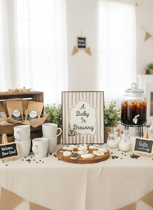 A Baby Is Brewing Baby Shower Decor Kit | Coffee Themed Baby Sprinkle Party Set | Signs, Balloons, Favor Bags & More
