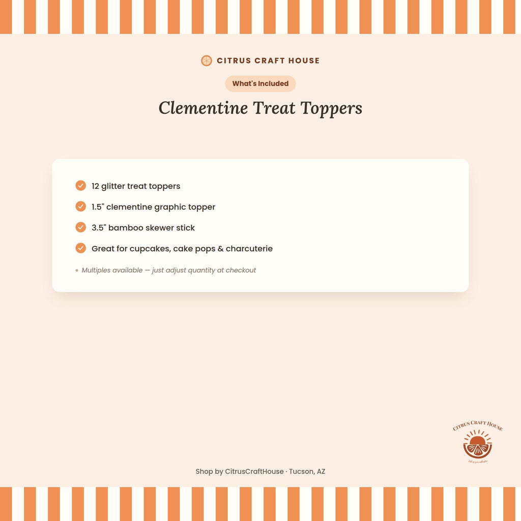 Clementine Treat Toppers, Set of 12 – Glitter Cupcake Picks & Charcuterie Picks with Bamboo Skewers