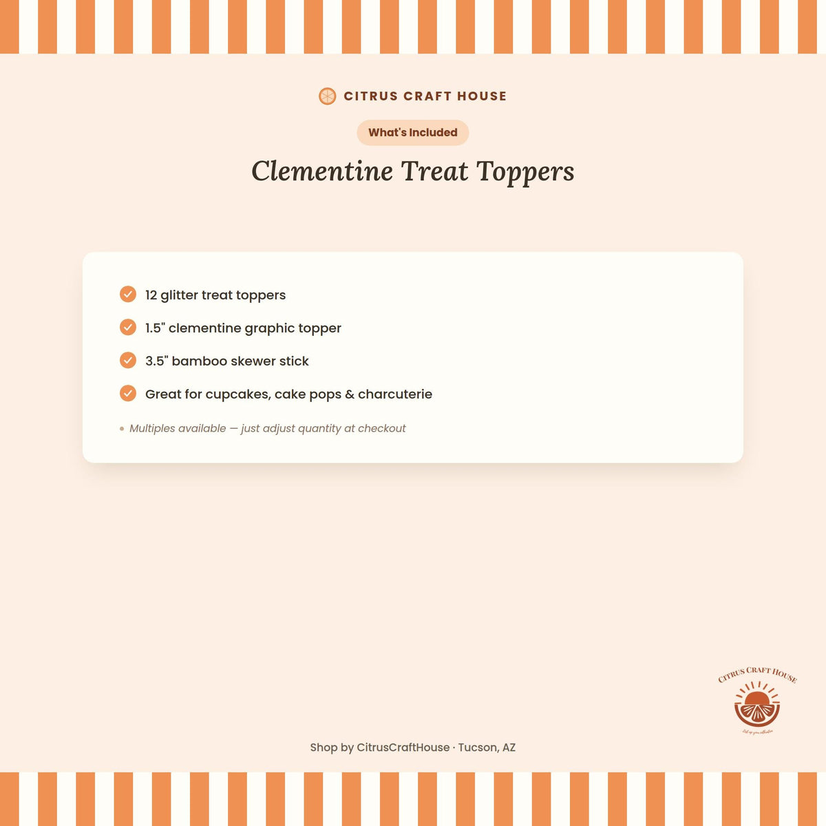 Clementine Treat Toppers, Set of 12 – Glitter Cupcake Picks & Charcuterie Picks with Bamboo Skewers