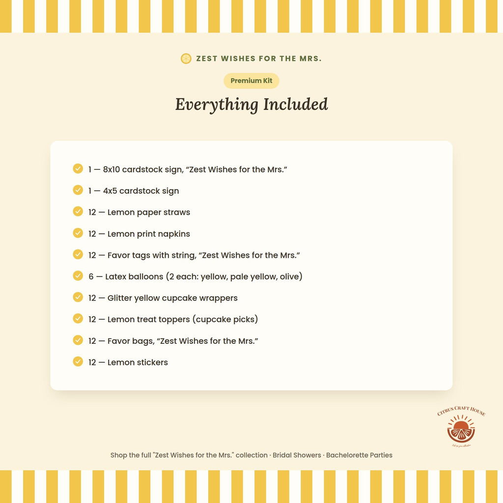 Zest Wishes for the Mrs. Bridal Shower Decor Kit | Lemon Bachelorette Party Set | Signs, Balloons, Favor Bags & More