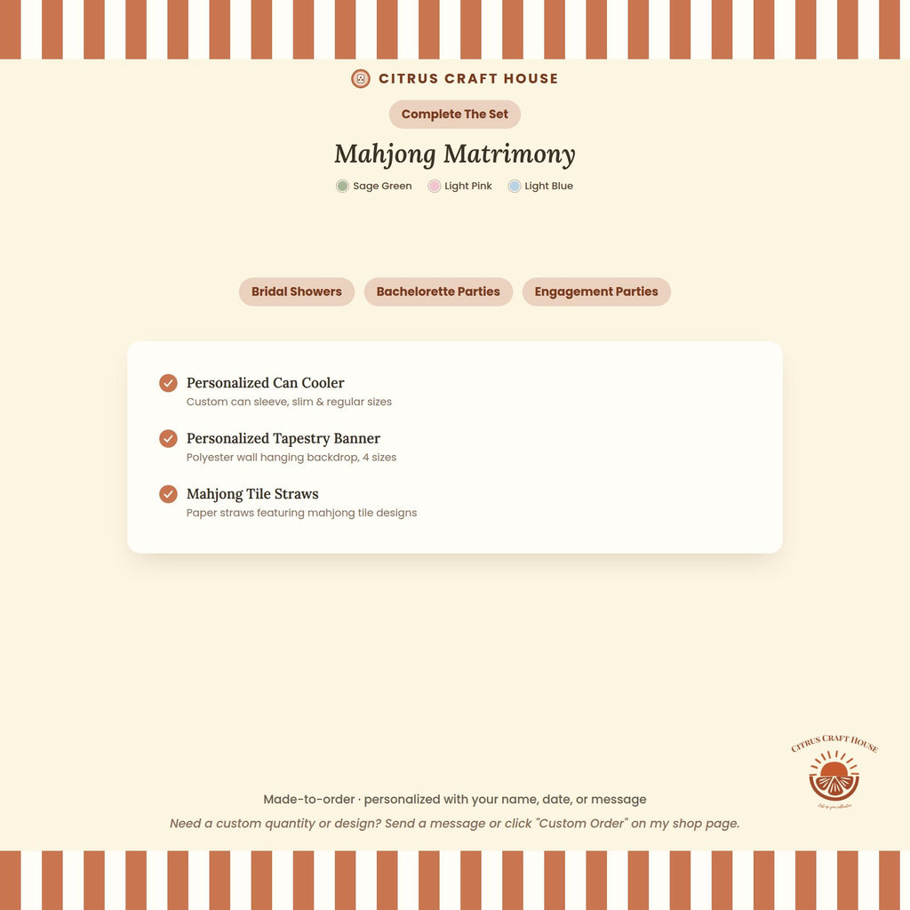 Personalized Mahjong and Matrimony Tapestry Banner Polyester Backdrop in Sage Green, Light Pink or Light Blue, 4 Sizes