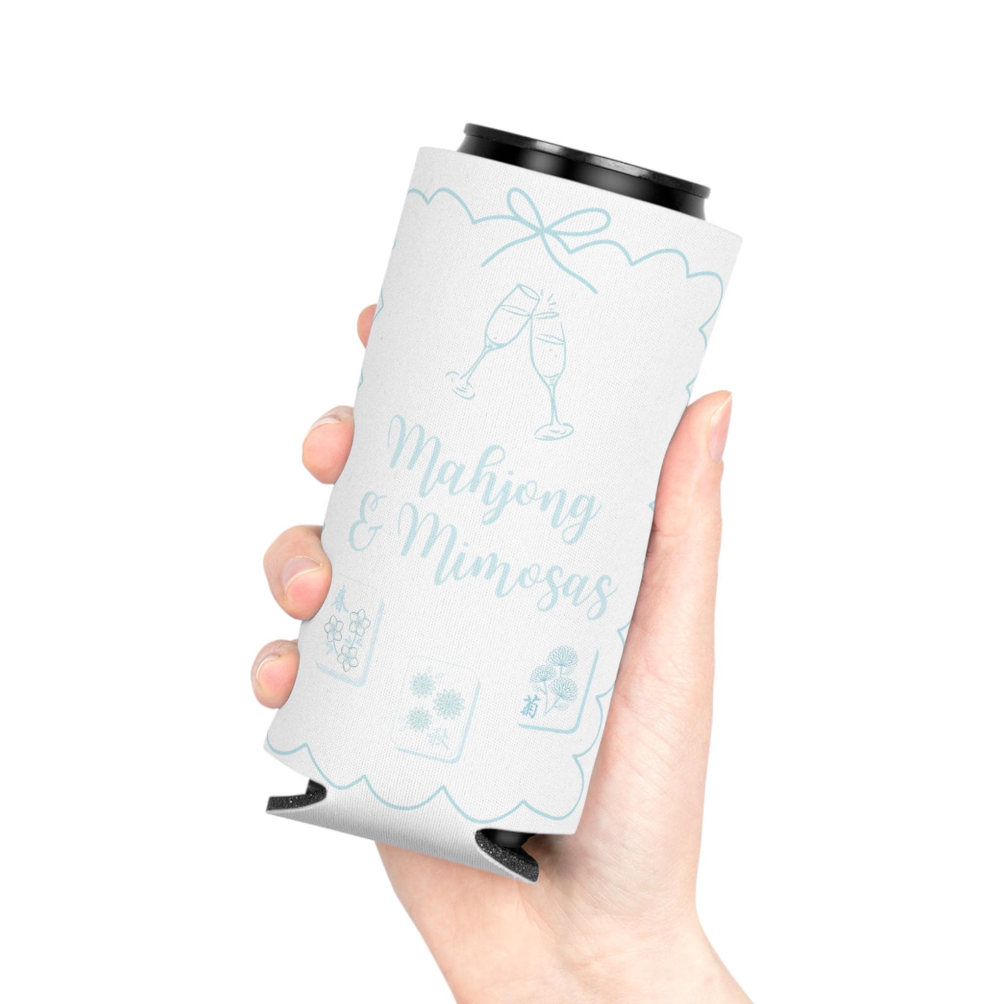 Personalized Mahjong and Mimosas Can Cooler Custom Can Sleeve in Sage Green, Light Pink or Light Blue