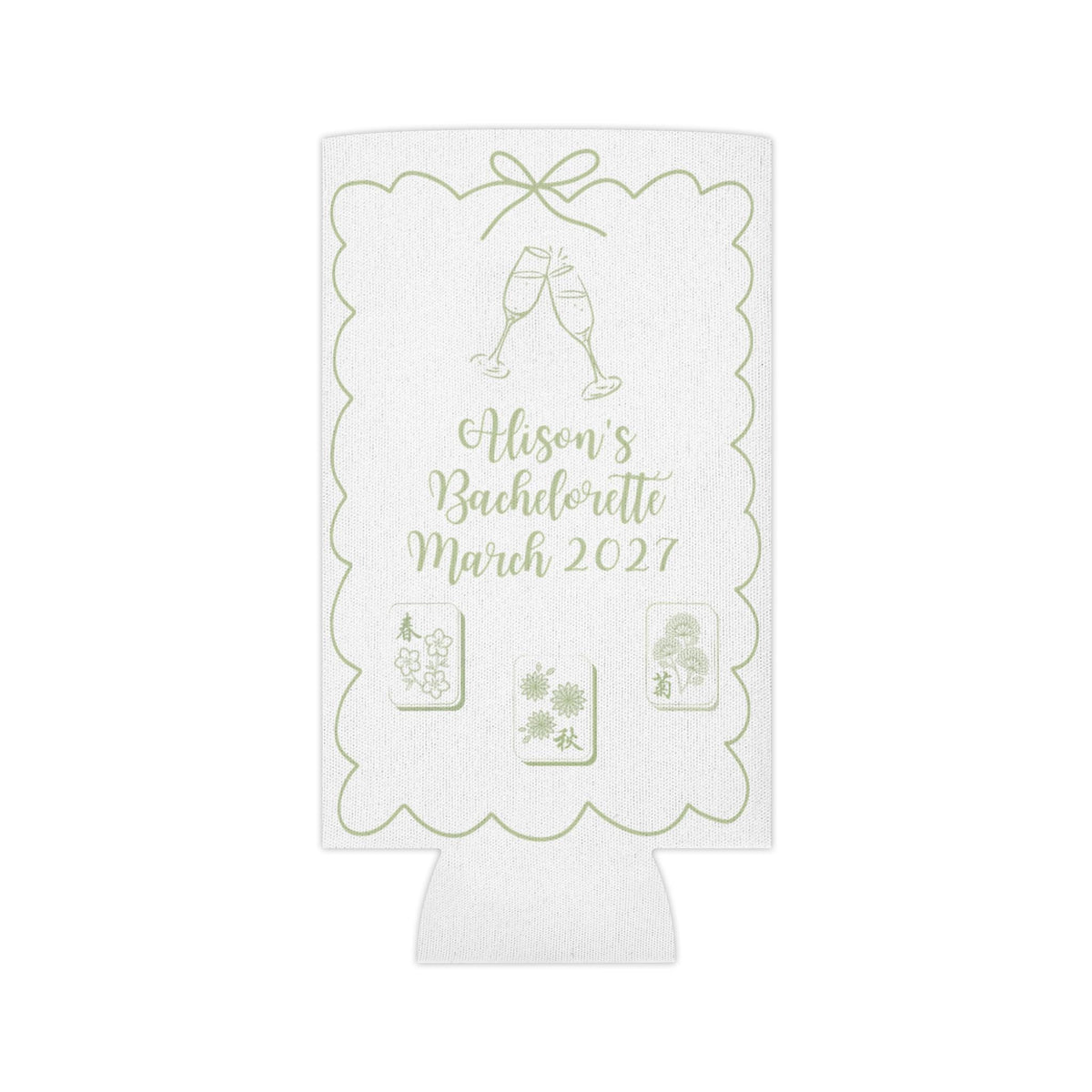 Personalized Mahjong and Mimosas Can Cooler Custom Can Sleeve in Sage Green, Light Pink or Light Blue