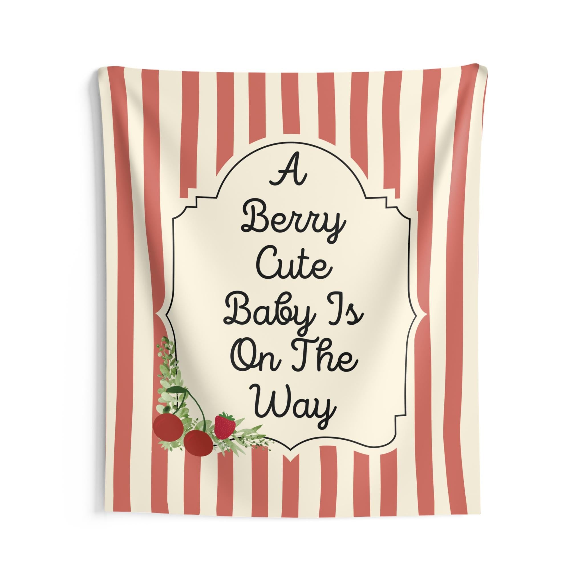 Personalized "A Berry Cute Baby Is On The Way" Tapestry Banner Polyester Wall Hanging Backdrop, 4 Sizes for Baby Shower