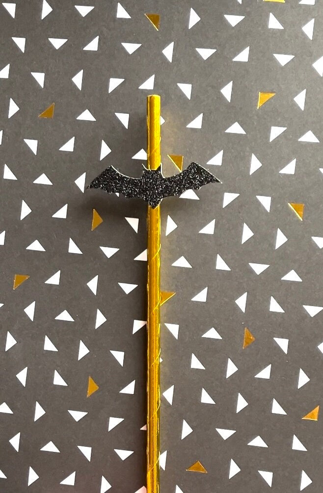 Glitter Bat Paper Straws, Set of 12 – Black Gold Halloween Party Decor & Cocktail Stirrers