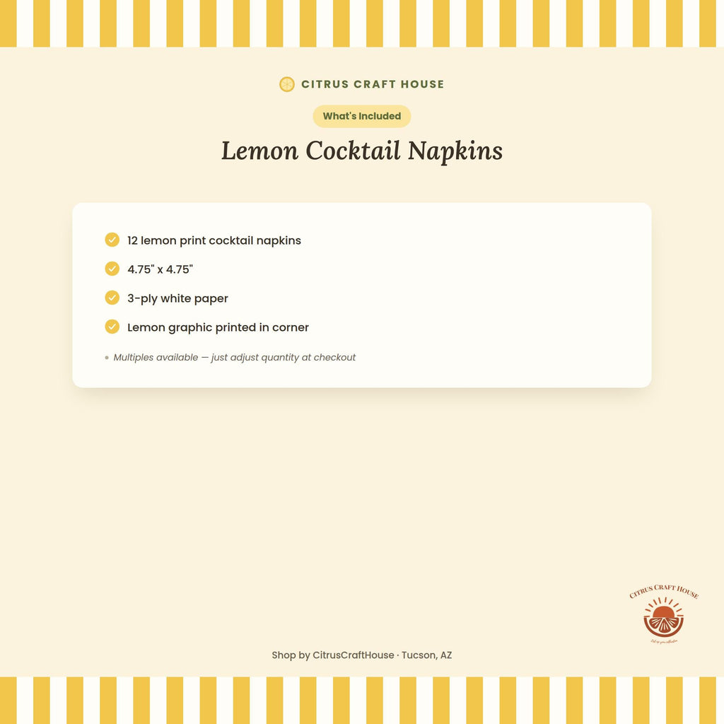Lemon Cocktail Napkins, Set of 12 – White Paper Napkins with Lemon Print for Baby Shower, Bridal Shower, Bachelorette, Lemonade Stand