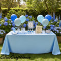 A light blue tablecloth set up outdoors on a grassy lawn with hydrangea bushes and trees in the background. The table is decorated with blue and light blue balloons, small party items, and signs, and the brand name 'CitrusCraftHouse' is watermarked at the bottom. Ship happens we are having a baby Yeah.