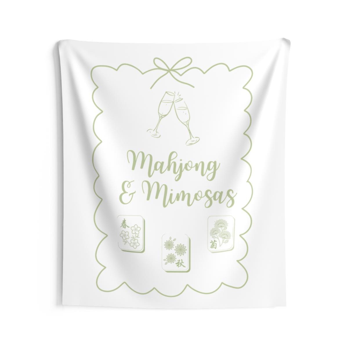 Personalized Mahjong and Mimosas Tapestry Banner Polyester Backdrop in Sage Green, Light Pink or Light Blue, 4 Sizes