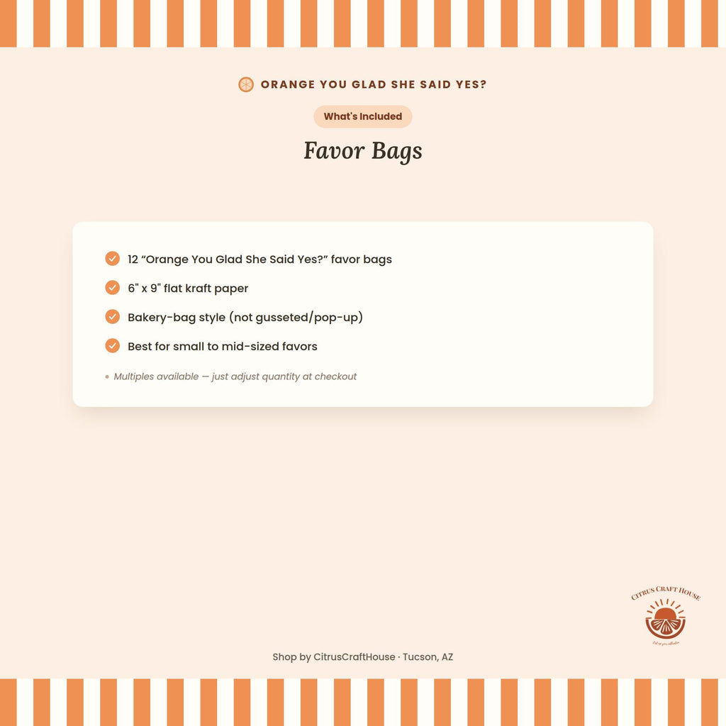 Orange You Glad She Said Yes?Favor Bags, Set of 12 – 6x9 Flat Kraft Paper Bags for Engagement & Bridal Shower Favors