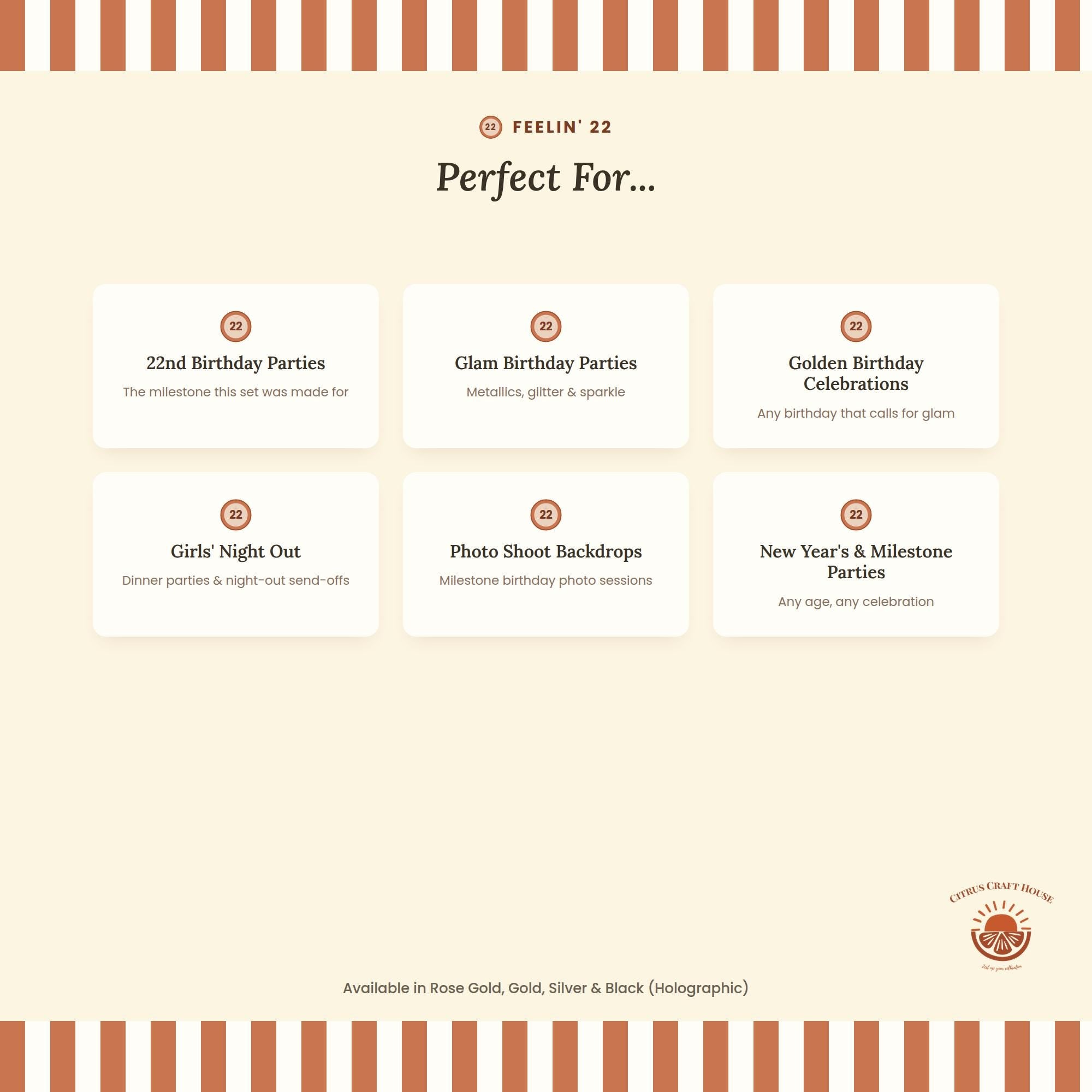 Feeling 22 Glitter Treat Toppers, Set of 12 – Rose Gold, Gold, Silver, Black Glitter Cupcake Charcuterie Picks with Bamboo Skewers
