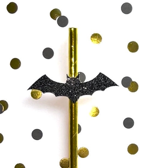 Glitter Bat Paper Straws, Set of 12 – Black Gold Halloween Party Decor & Cocktail Stirrers
