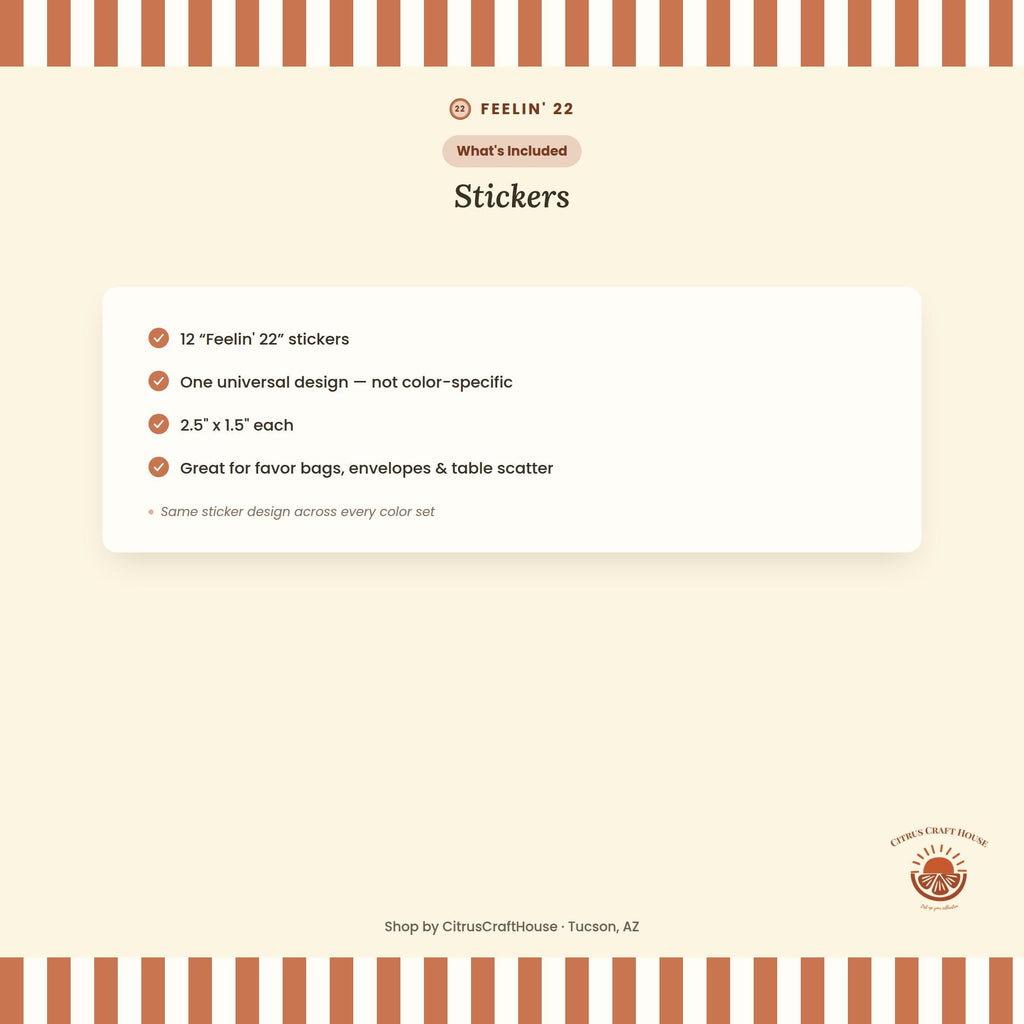 Feeling 22 Stickers, Set of 12 – Die-Cut Stickers for Favor Bags, Party Favors & Table Scatter