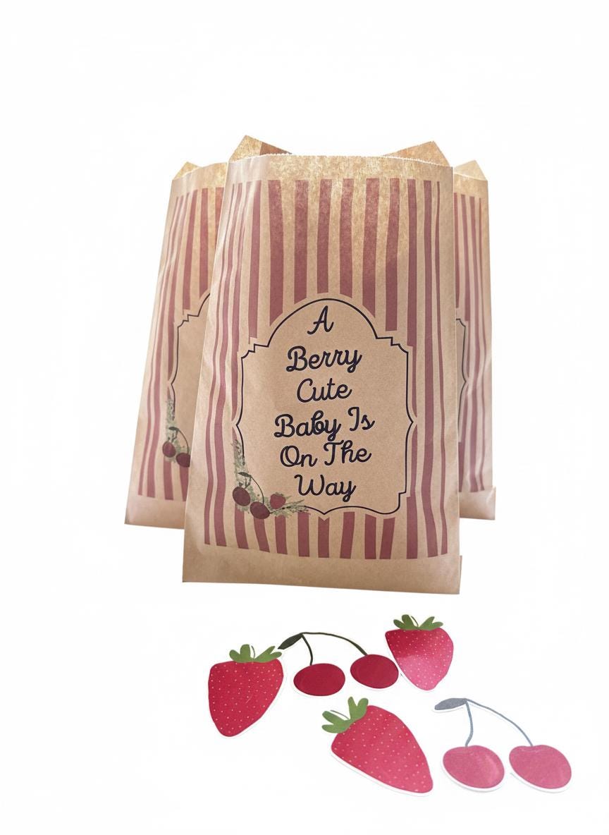 A Berry Cute Baby Is On The Way Favor Bags, Set of 12 – 6x9 Flat Kraft Paper Bags for Baby Shower Favors and Treats