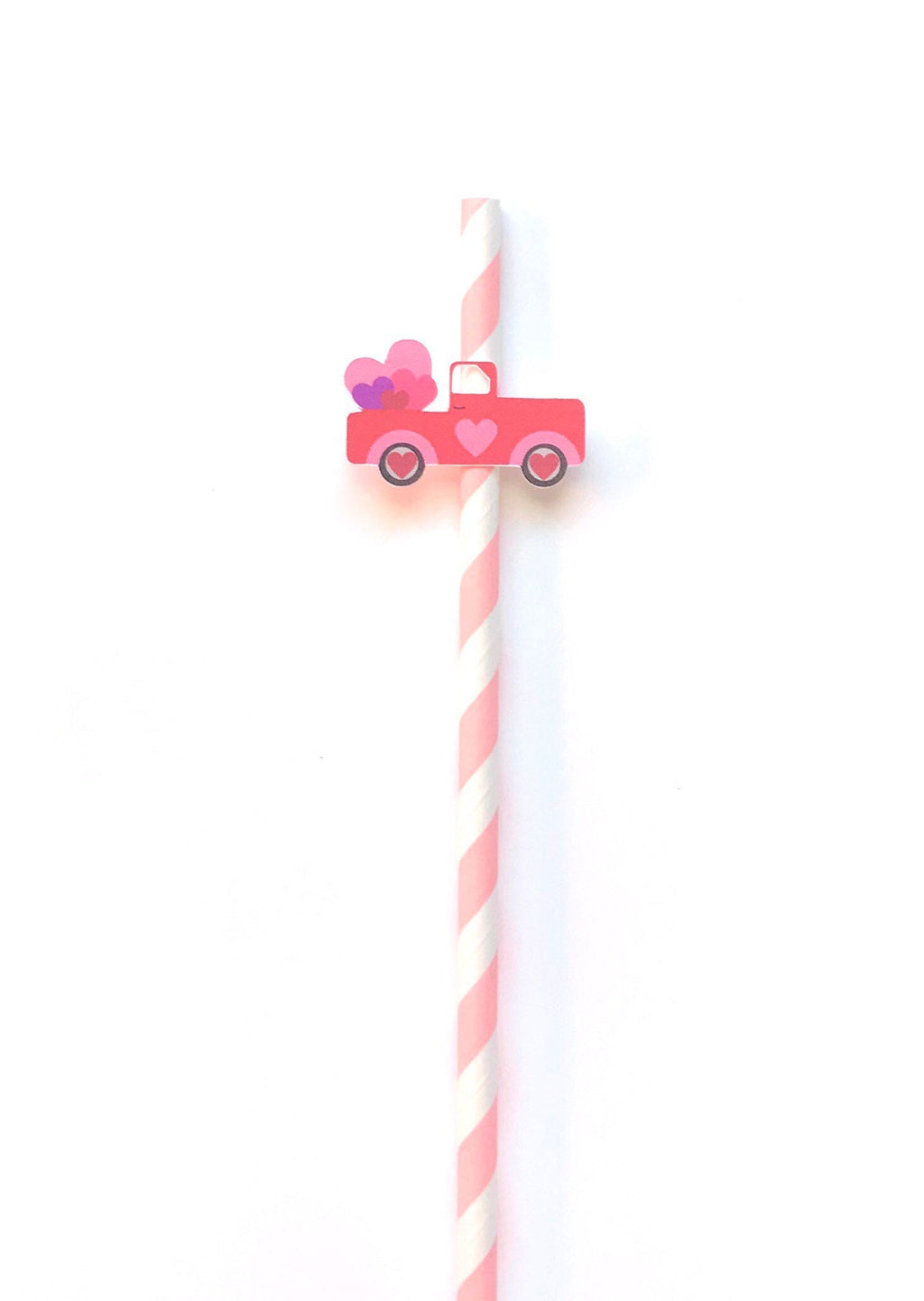 Valentine Red Truck Glitter Straws, Set of 12 – Pink & White Party Decor with Heart Bouquet