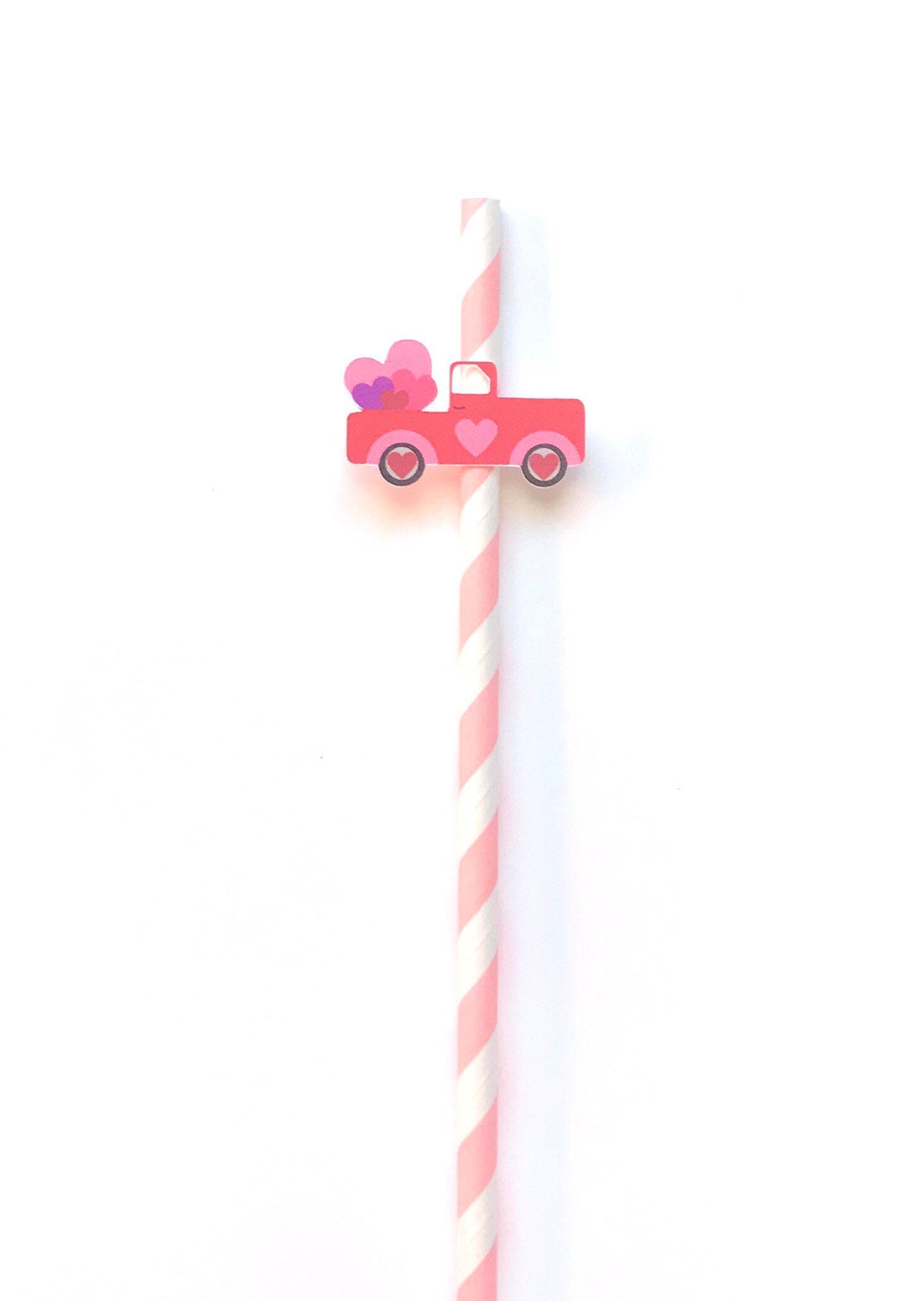 Valentine Red Truck Glitter Straws, Set of 12 – Pink & White Party Decor with Heart Bouquet