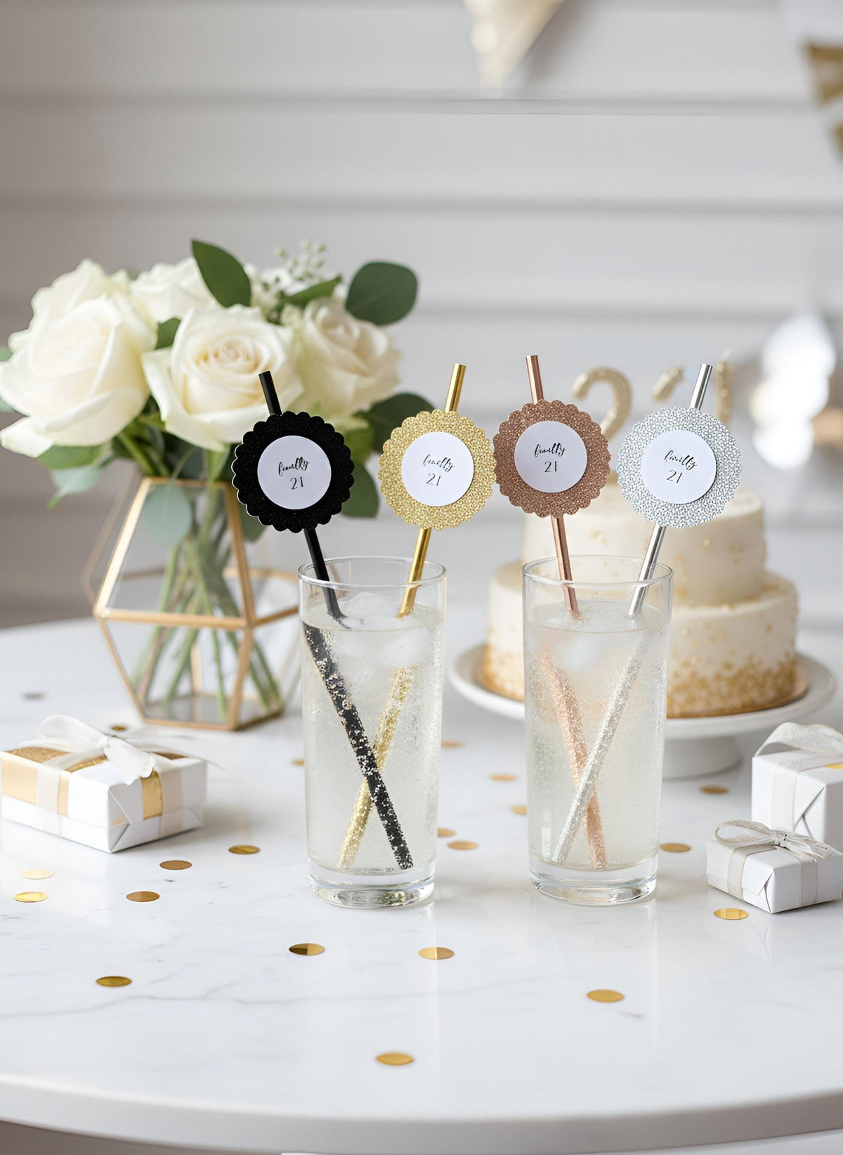 Finally 21 Glitter Paper Straws, Set of 12 – Color Coordinated Rose Gold, Gold, Silver or Black Glitter
