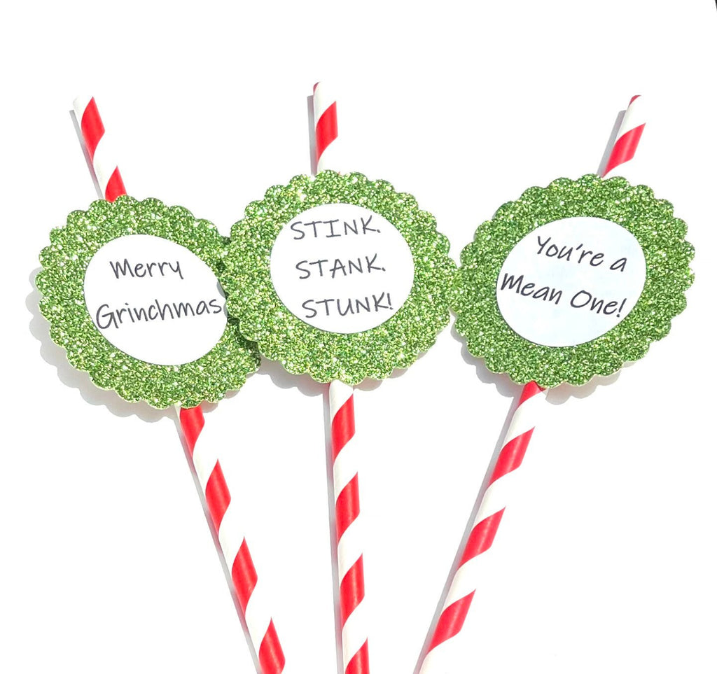 Green Glitter Christmas Straws, Set of 12 – Mean One Holiday Party Decor & Photo Prop