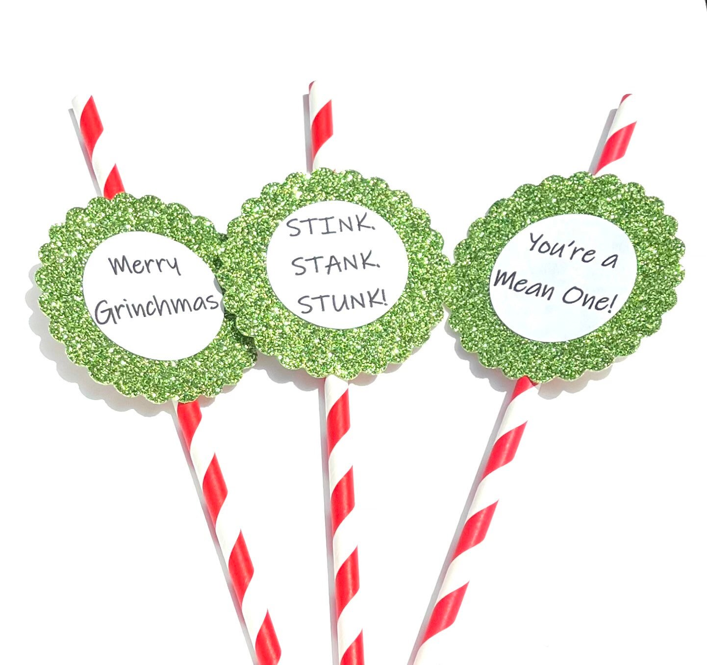 Green Glitter Christmas Straws, Set of 12 – Mean One Holiday Party Decor & Photo Prop