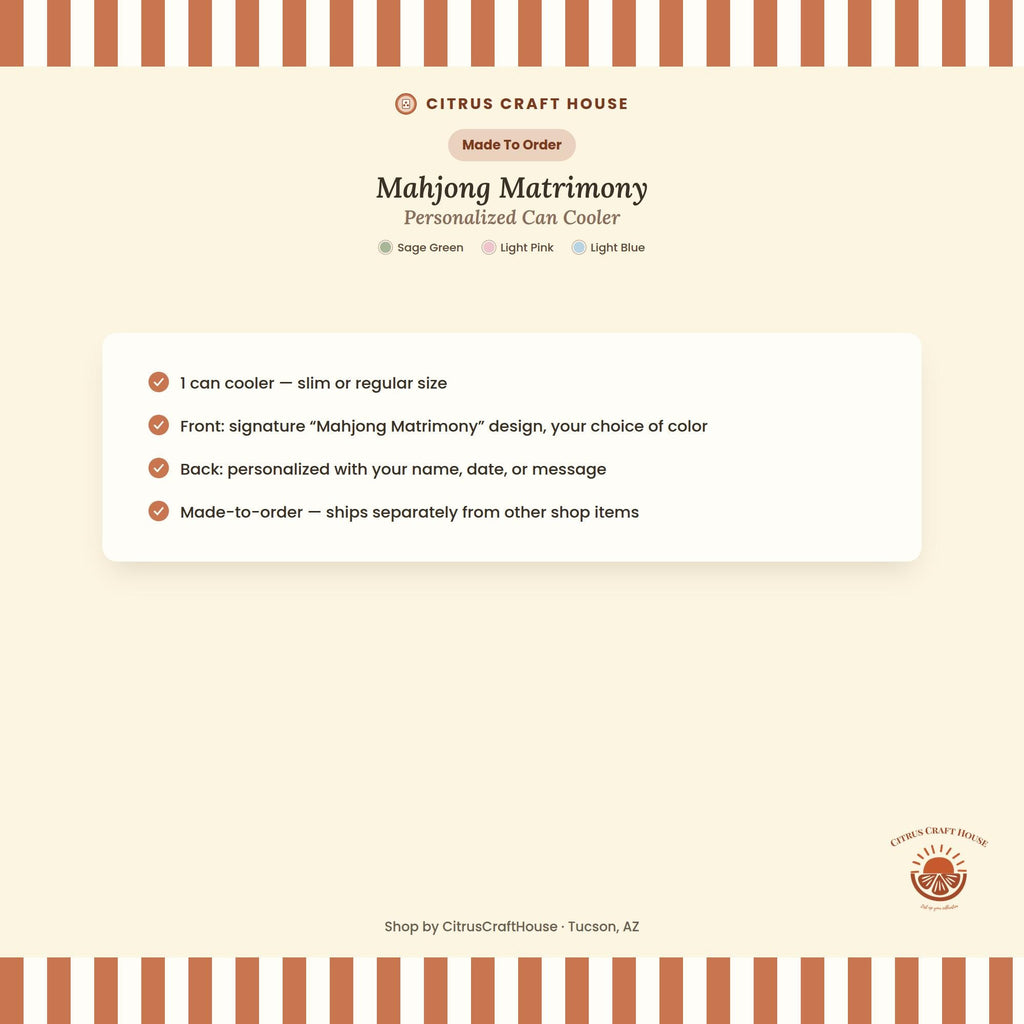 Personalized Mahjong and Matrimony Can Cooler Custom Can Sleeve in Sage Green, Light Pink or Light Blue